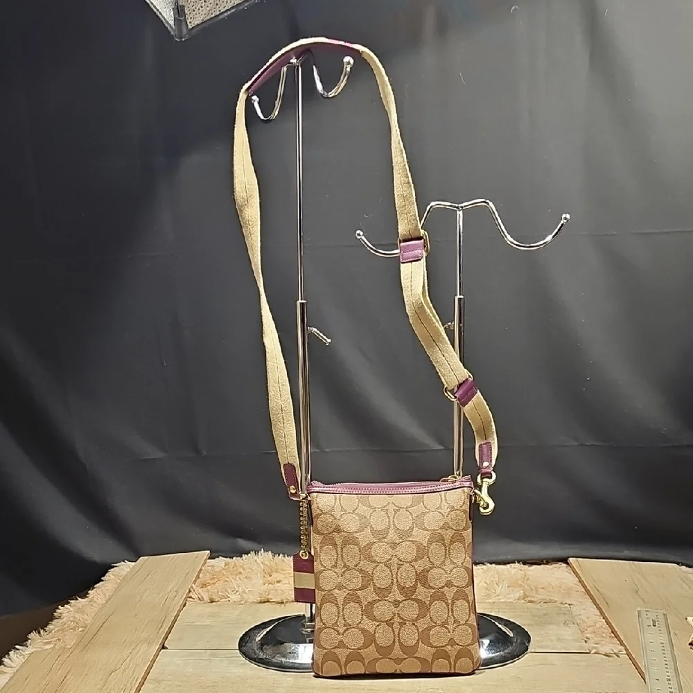 Coach Brown Signature Crossbody with Purple Stripe & Gold Hardware